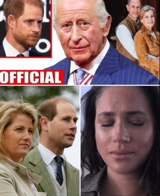 ALERT 1 MIN AGO! Panic strikes Buckingham! Edward and Sophie sobbed as they arrived with an urgent message straight from America. The moment King Charles heard Meghan’s name, he froze, trembling, and ordered the palace sealed. Moments later, a chilling cry was heard through the speakers — Meghan’s voice breaking: “Oh my God, Harry…”