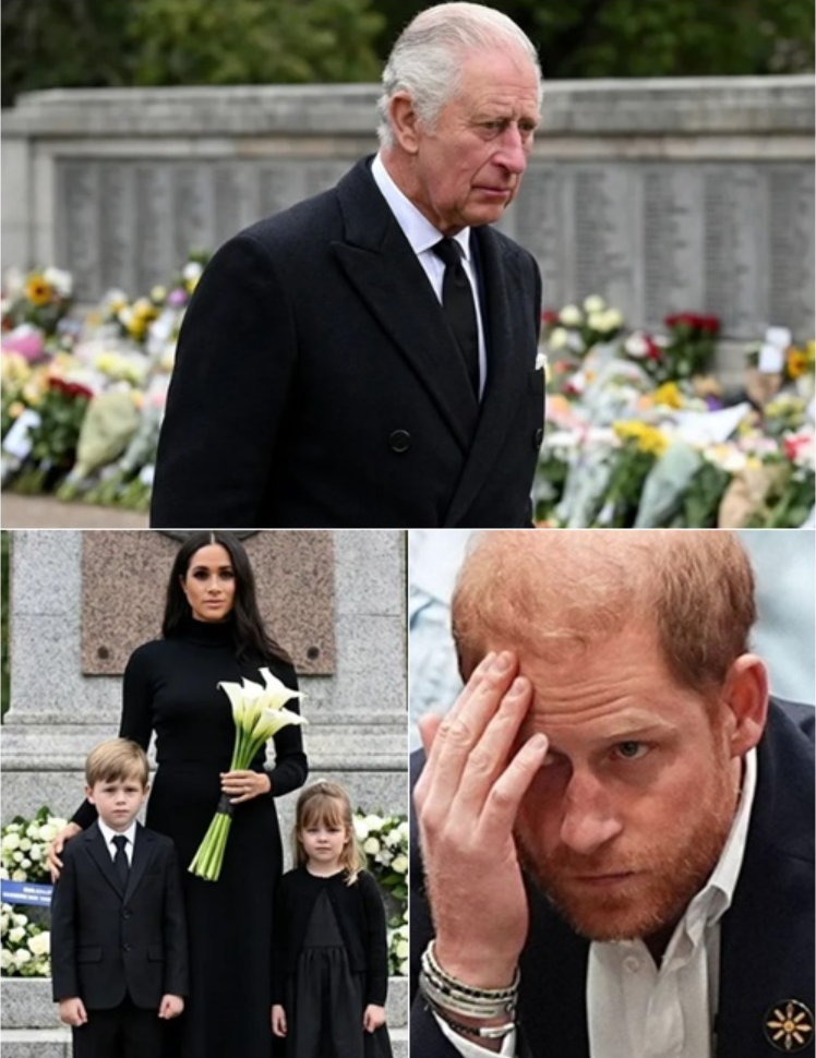 BREAKING — 2 MINUTES AGO! ‘Harry… bow your head,’ King Charles said, his voice shaking in the silent Palace. Meghan arrived with their children, clutching white flowers. ‘I am deeply saddened to announce that…’ What followed may haunt Britain forever.